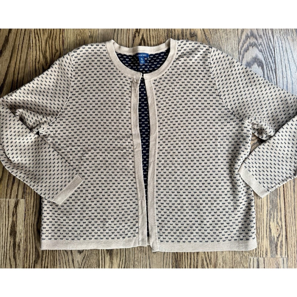 Lands End Open Cardigan XL 18 Women's Tan Black Birdseye Style Pattern